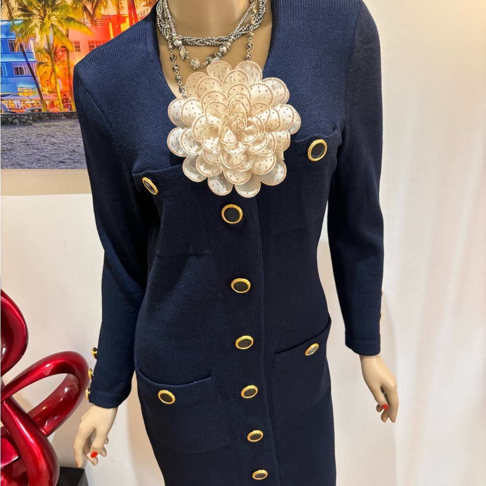 Elegant Navy Longline dress sweater buttoned gold blue M pencil